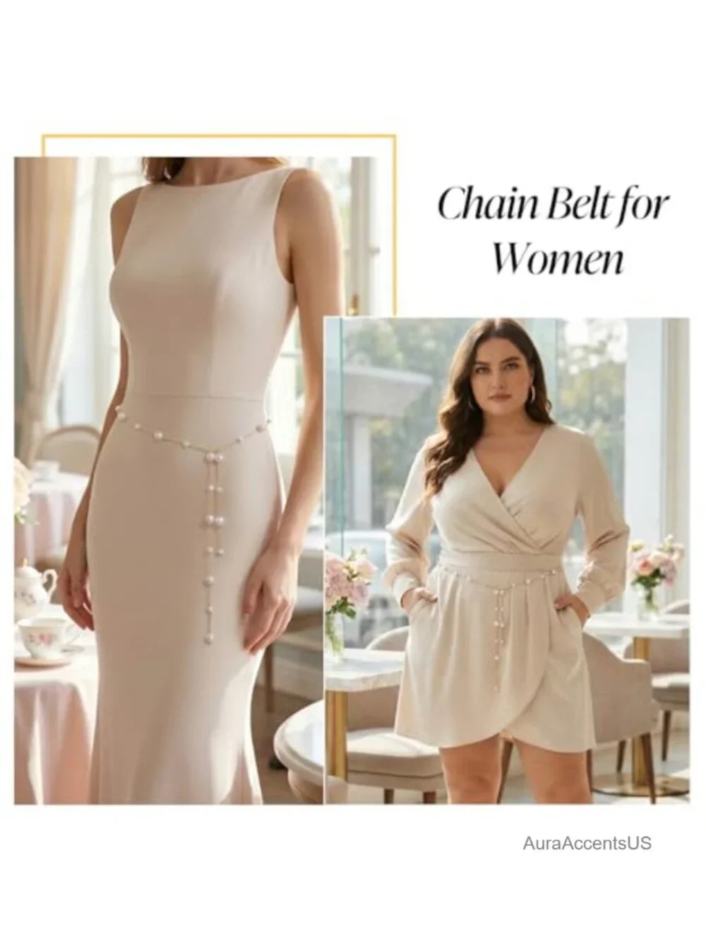 Adjustable Pearl Chain Belt for Dress, Long Tassel Gold Tone Faux Pearl Waist